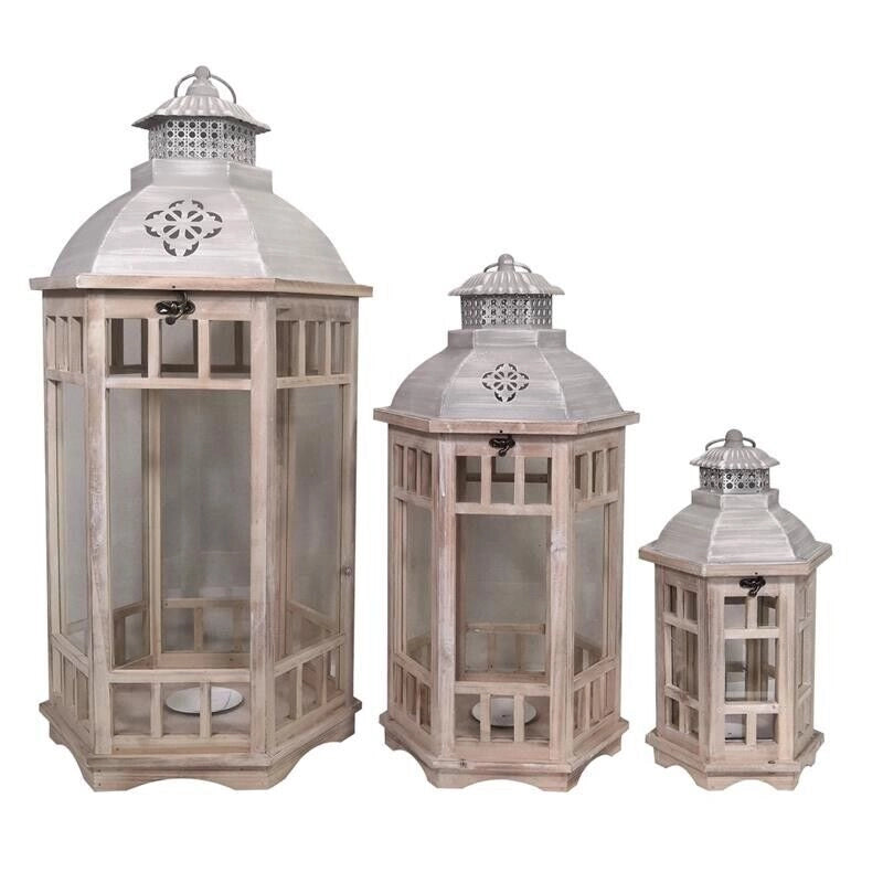MA MAISON SET 3 LANTERNE MODELLO BERGEN IN LEGNO E ALLUMINIO CON VETRO E PORTA CANDELA IN COLORE LEGNO/GRIGIO