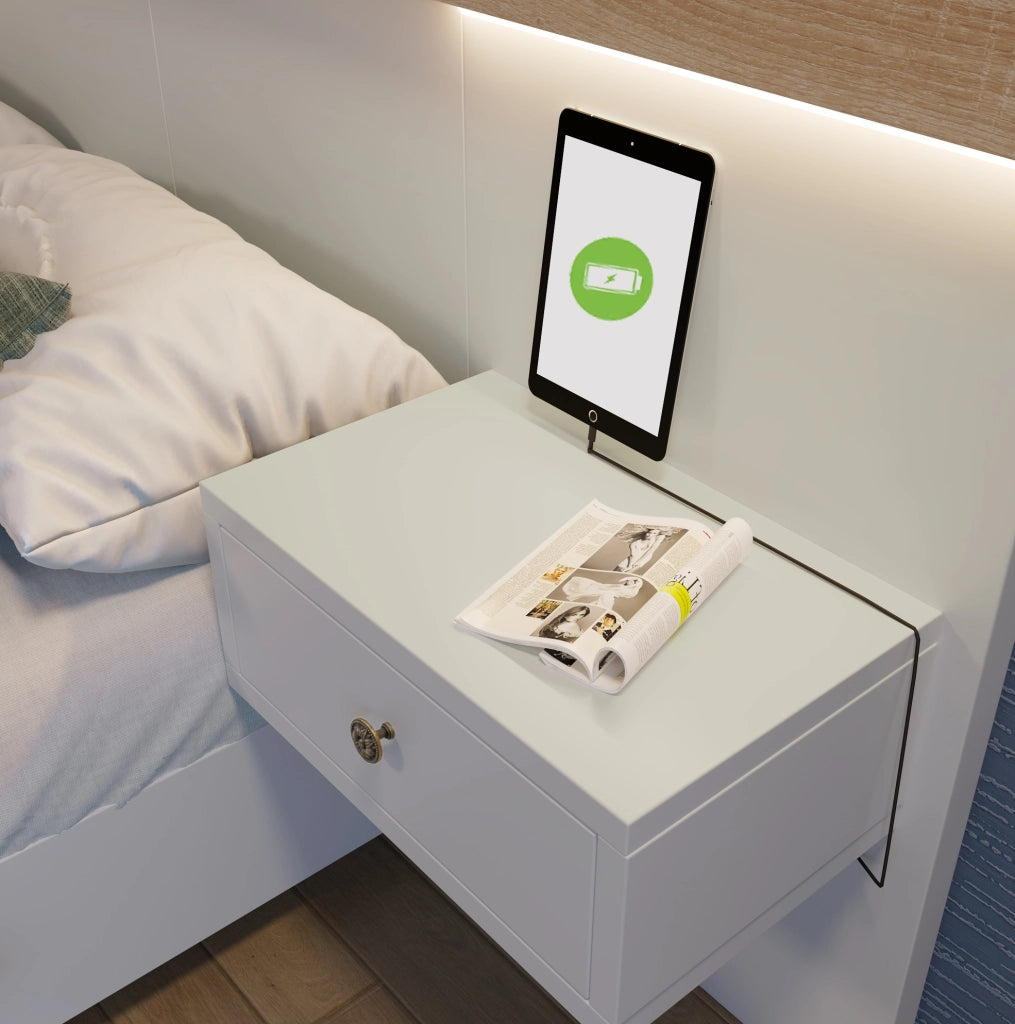 Letto 180x200 cm con 2 comodini LED, USB e USB-C in rovere Sonoma e bianco