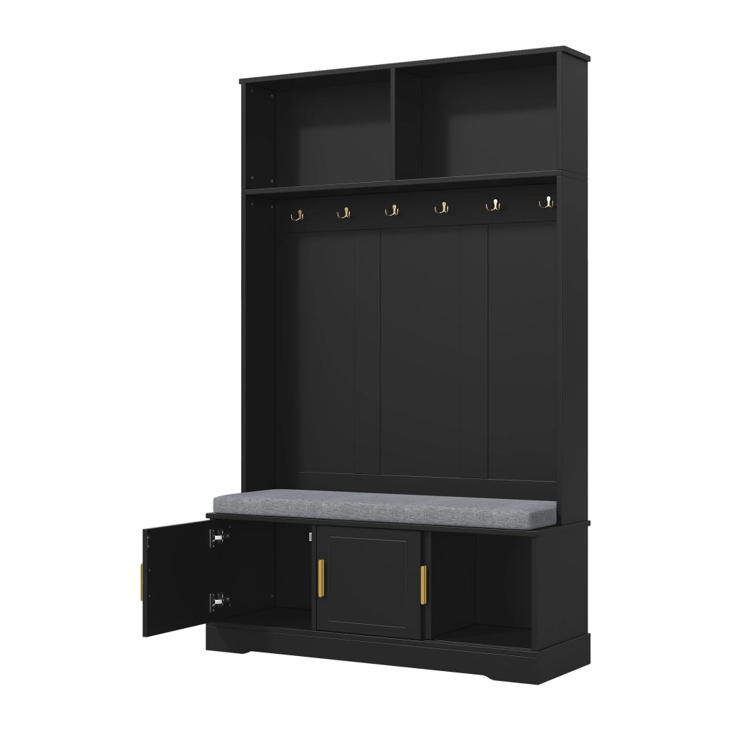 Appendiabiti da ingresso con panca portascarpe, 6 ganci, struttura autoportante, nero, 120¡Á40¡Á191 cm