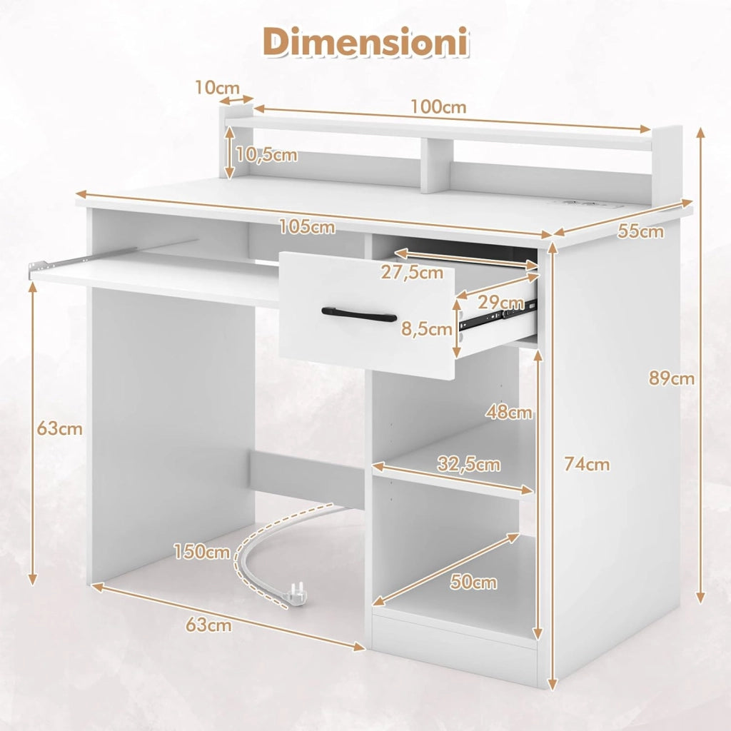 Scrivania per Computer con 2 Prese di Corrente e Prese USB, Scrivania Ufficio con Cassetto e Ripiano Estraibile per Tastiera, Scrivania Gaming con Ripiano Regolabile, 105 x 55 x 89 cm, Bianco