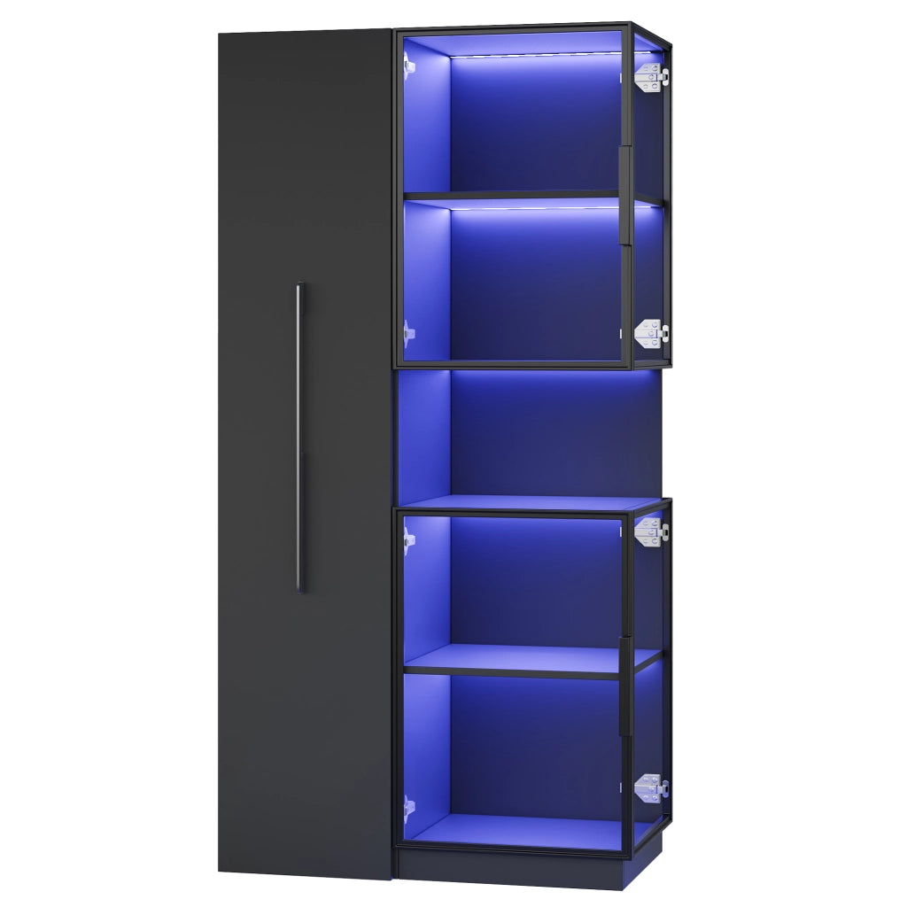 Vetrina in MDF con vetro frontale e laterale; ripiani estraibili e LED multicolore nera 70 × 38 × 160 cm