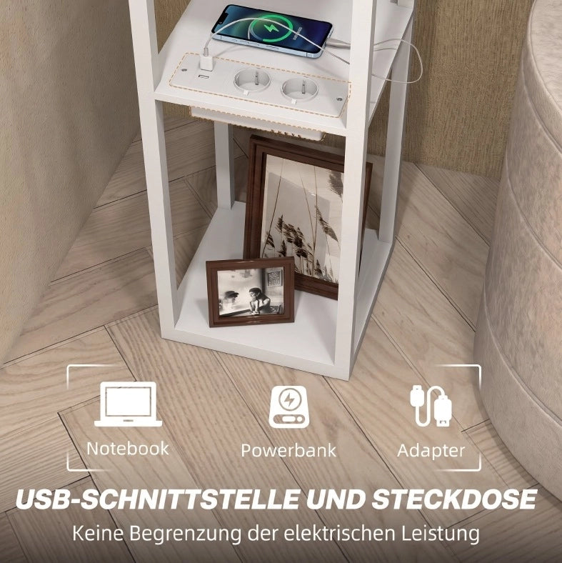 Lampada da terra bianca in MDF con 3 ripiani, interruttore a pedale e porte USB