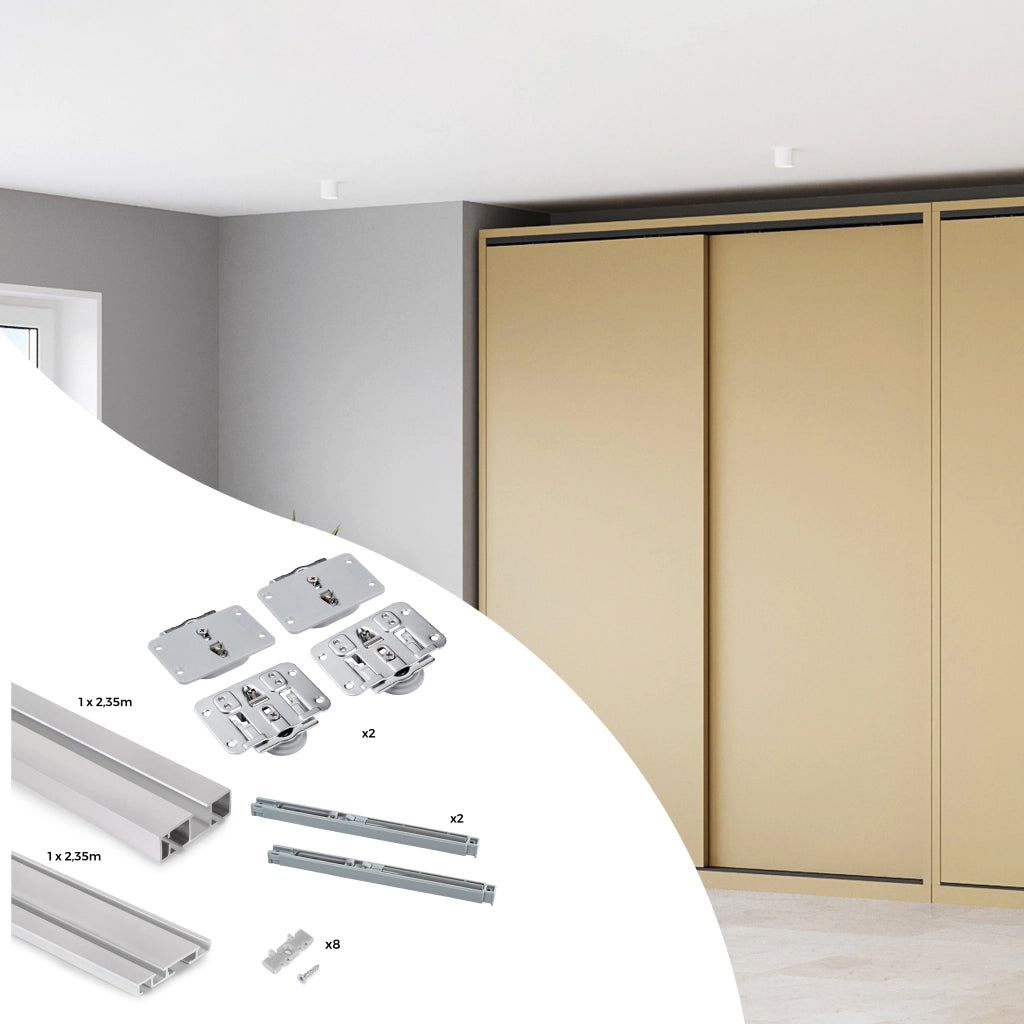 Sistema Flow da superficie in kit per un armadio con 2 ante scorrevoli in legno supportate da chiusura ammortizzata