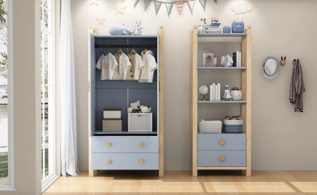 Libreria a scaffale 70x45x180;5 cm con 2 cassetti e 3 ripiani; legno e blu naturale