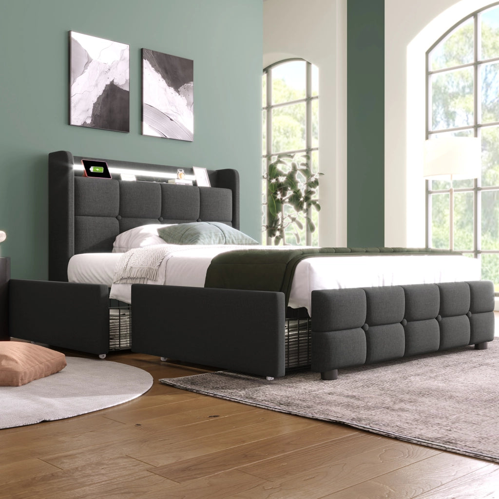 Letto con Cassetti Singolo 90×200 cm con 2 Cassetti; USB; Prese e LED; senza Materasso; Grigio