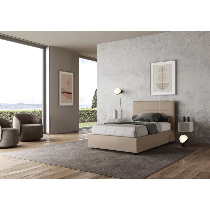 Letto imbottito Piazza e mezzo 130x210 cm Mika - Similpelle,Tortora,Con rete