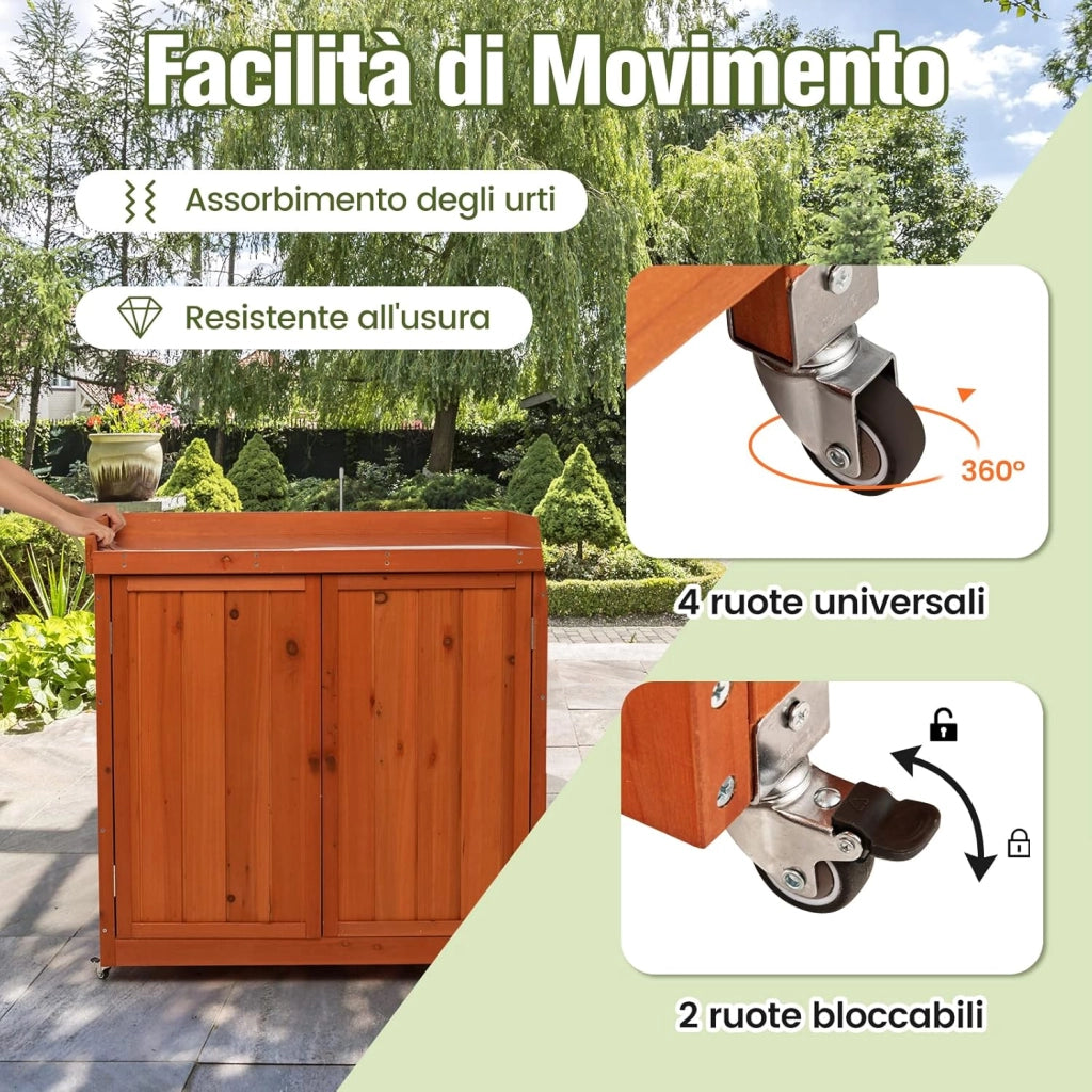 Armadio da Esterno in Legno, Casetta da Giardino con Ripiano Rimovibile e 4 Ruote Universali, Capanno Porta Attrezzi da Esterno e da Interno, 98,5 x 48 x 100 cm