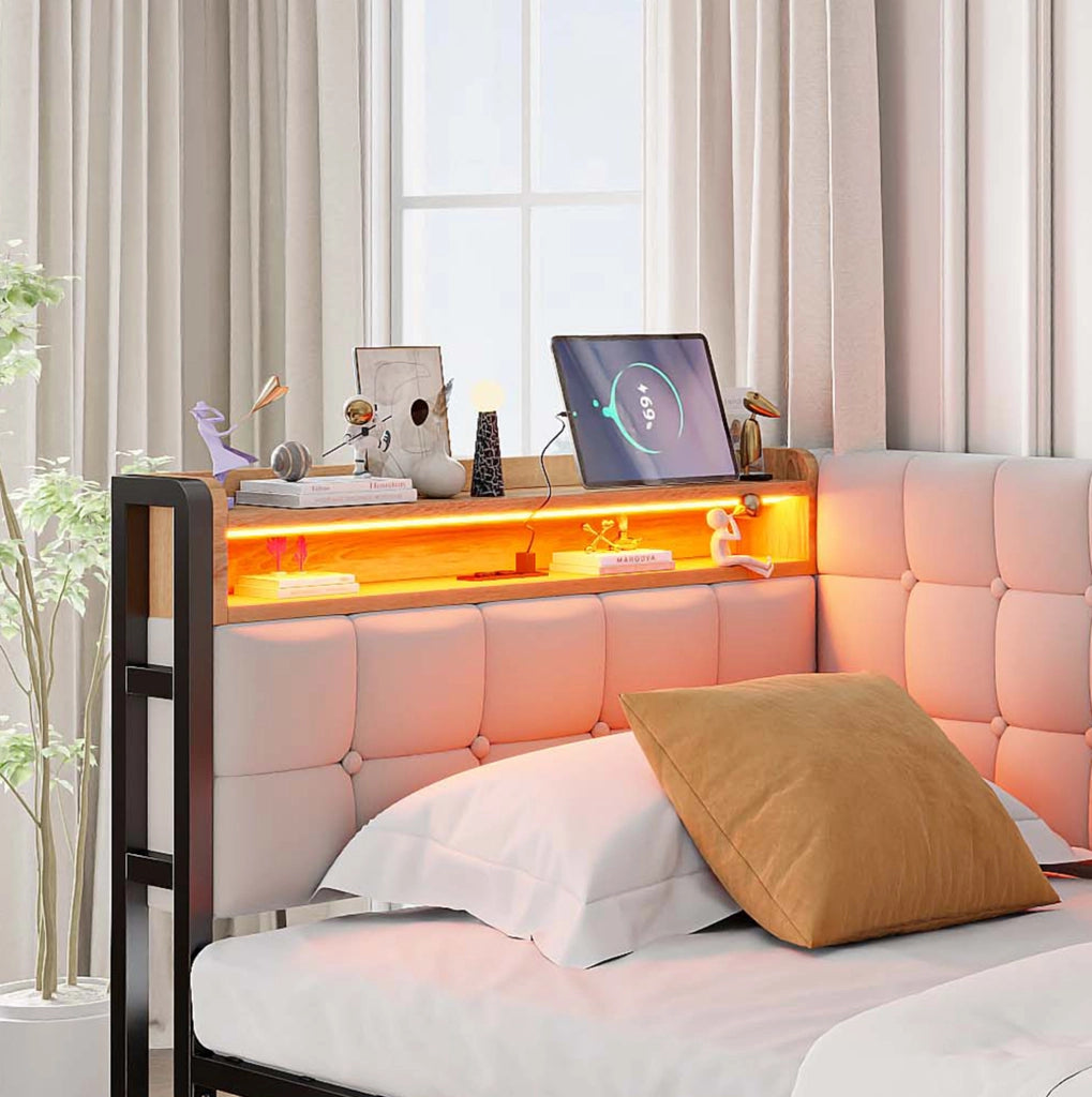 Divano letto in tessuto 90 x 200 cm con 2 cassetti; LED; USB e Type-C; beige
