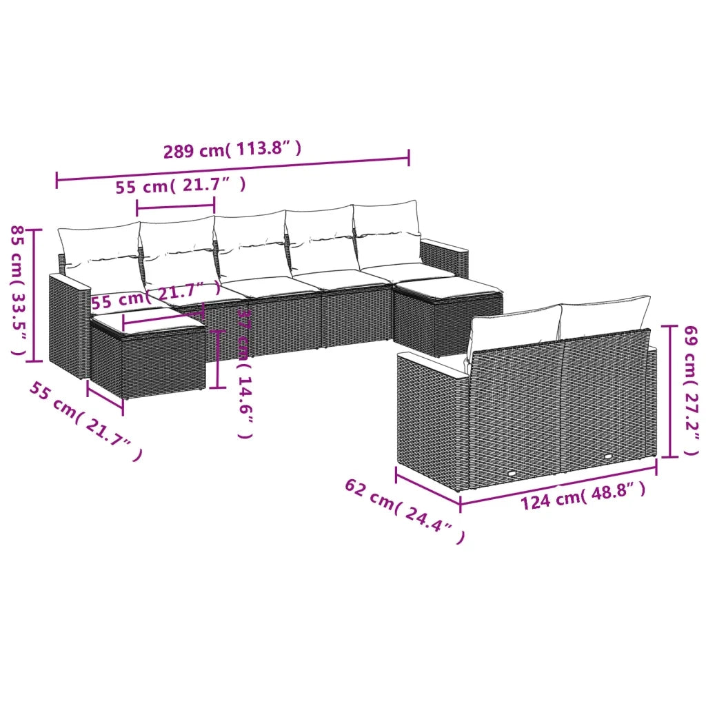 Set Divano da Giardino 9 pz con Cuscini Beige in Polyrattan 3226401