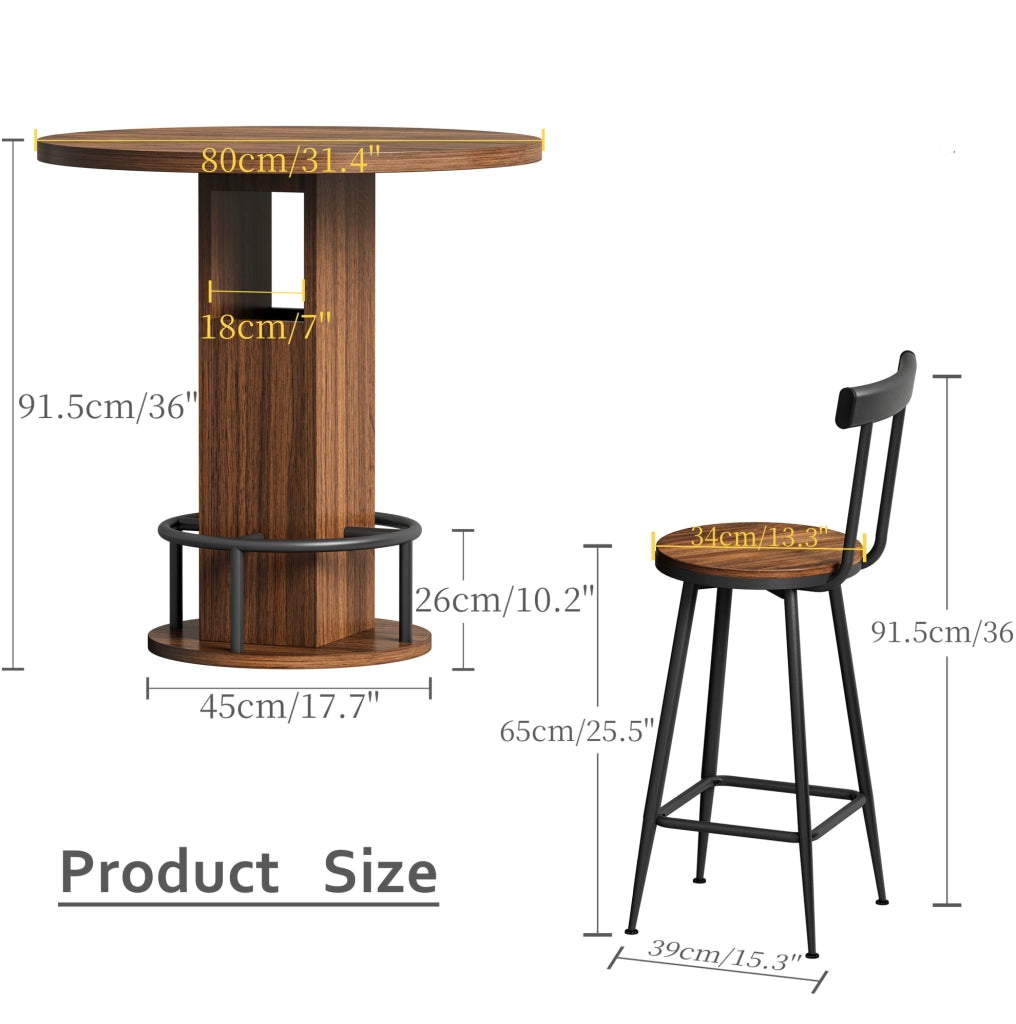 Set tavolo rotondo da bar 3 pezzi con 2 sgabelli, Ø 80 cm, effetto noce