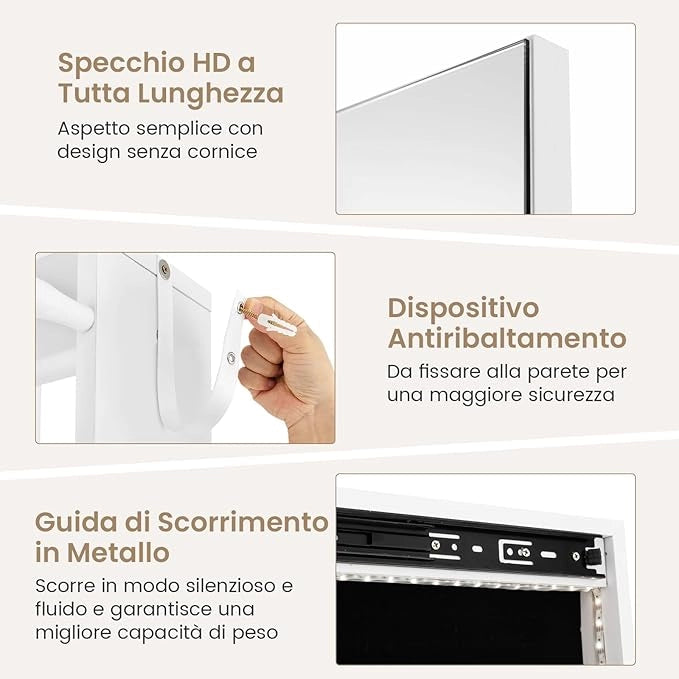Appendiabiti con Specchio, Armadio Portagioie con Specchio Girevole a 360°, Attaccapanni e Luci LED a 3 Colori, Specchio Contenitore Multiuso, 50 x 50 x 166,5 cm