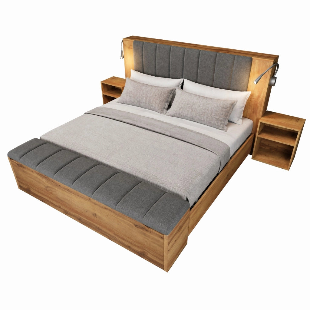 Letto matrimoniale 160x200 cm in legno con testiera reclinabile in lino, comodini, panca contenitore e lampade da lettura USB, colore rovere
