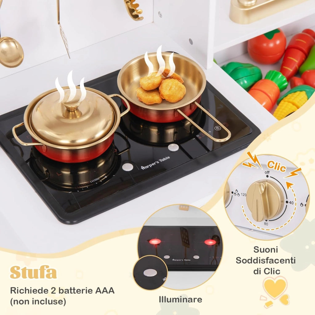 Cucina Giocattolo per Bambini, Cucina per Bambini in Legno con Forno, Microonde, Macchina da Caffè, Macchina del Ghiaccio, Lavello e Rubinetto, con Luci e Suoni per Bambini di 3+ Anni (Bianco)