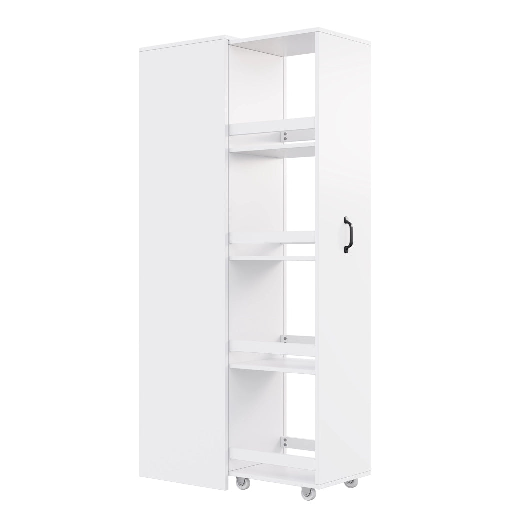 Scaffale stretto con ruote e box protettive in MDF bianco