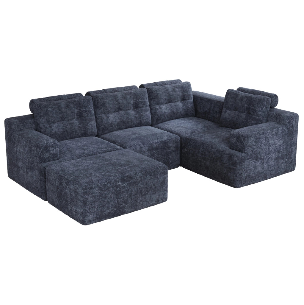 Divano modulare 252x180x82 cm in ciniglia blu, senza montaggio, salvaspazio
