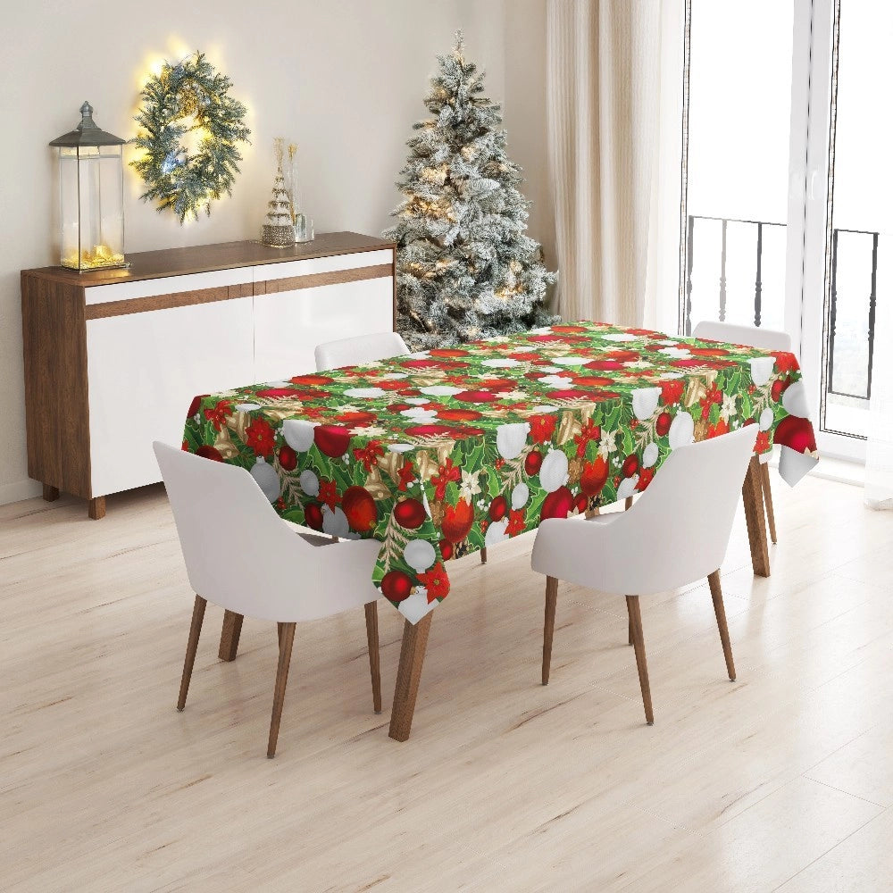 Tovaglia Cucina Natalizia Campanelle Palline Natale Plastificata Antimacchia Moderna - 140x280 Cm