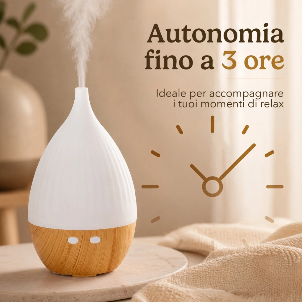 Diffusore di Aromi 130 ml con Luce LED 7 Colori, Umidificatore per Ambienti e Aromaterapia, Autonomia fino a 3 Ore, Design Effetto Legno, Alimentazione USB/240V