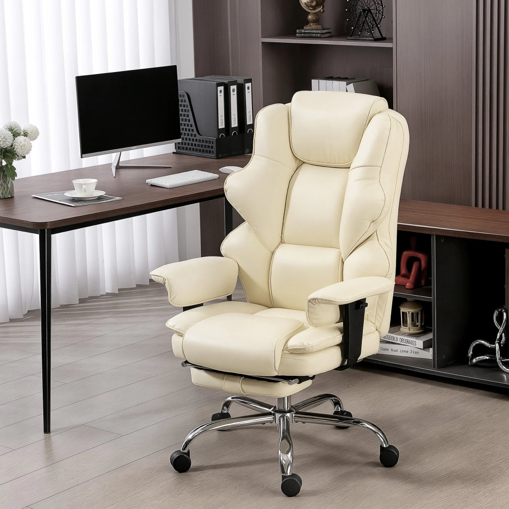 Sedia da Ufficio con Poggiapiedi e Poggiatesta, in Pelle PU, Schiuma e Metallo, 76x73x117-125 cm, Bianco Crema