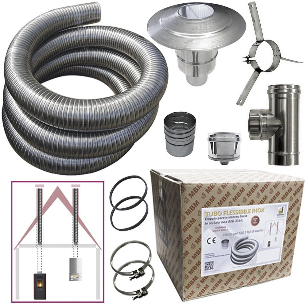 Kit tubo acciaio inox 316 flessibile 10 mt diametro 80 mm interno liscio a norma CE EN 1856 2 canna fumaria