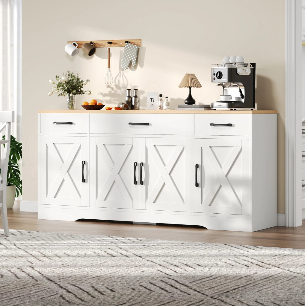 Madia bianca in MDF con 3 cassetti e 4 ante, 160 cm