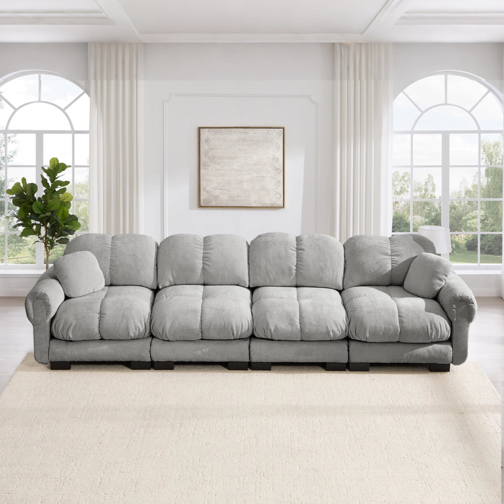 Divano modulare in ciniglia con cuscini trapuntati e braccioli curvi grigio chiaro 330 × 86 × 90 cm