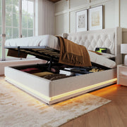 Letto matrimoniale con contenitore 160x200 cm in cotone beige; testiera con USB e Type-C; LED