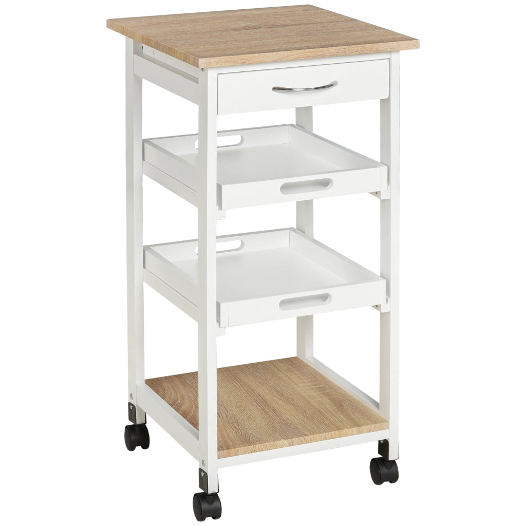 Carrello da Cucina con Ruote Salvaspazio in Legno di Pino e Rovere Chiaro con 2 Vassoi Rimovibili Cassetto e Ripiano Bianco
