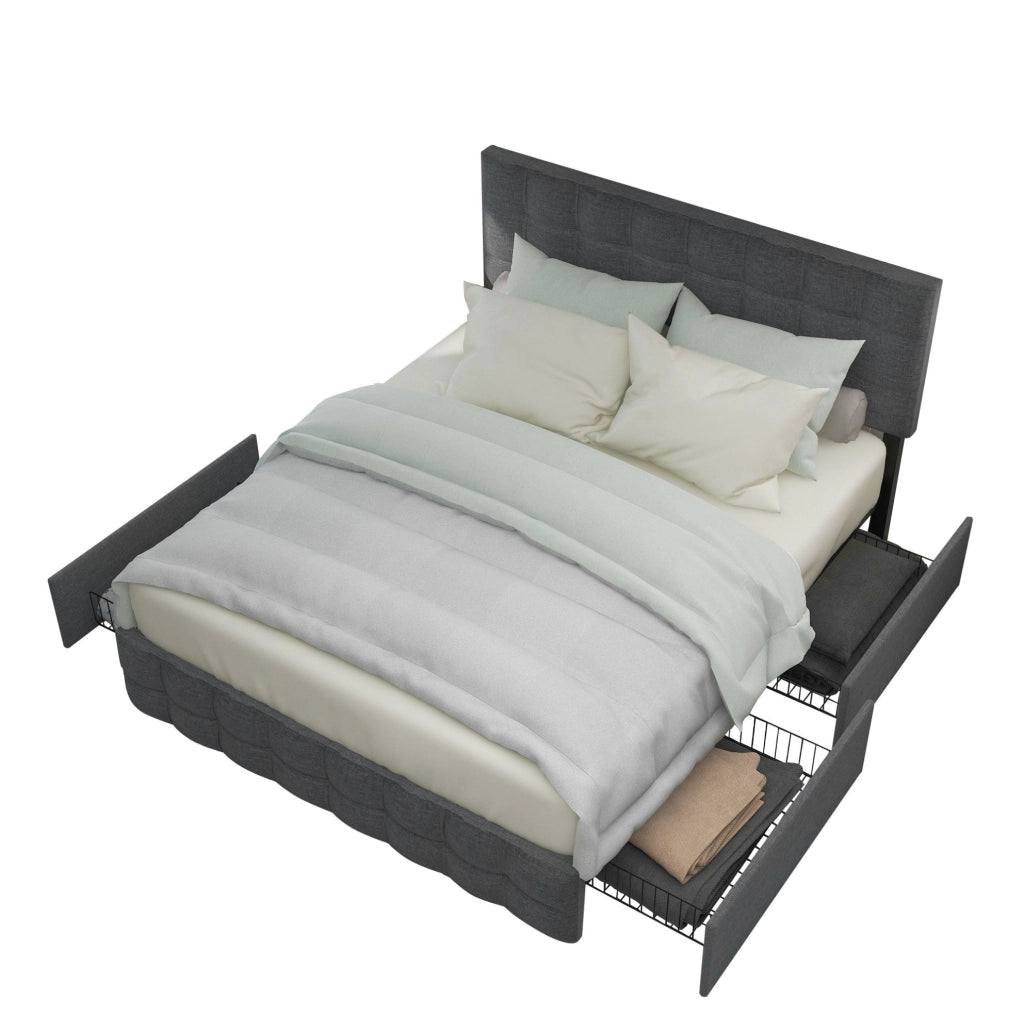 Letto matrimoniale 140x200 cm con 4 cassetti e testiera regolabile; lino grigio