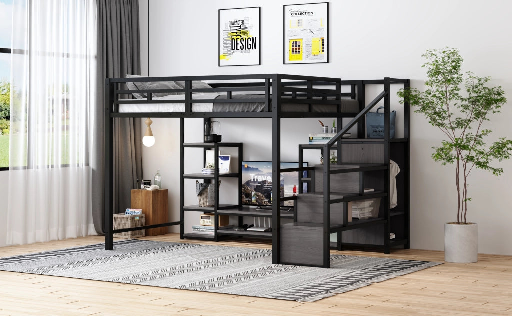 Letto mezzanino nero 140x200 mobile TV presa a presa scala sicura metallo + legno letto a castello con riporzione