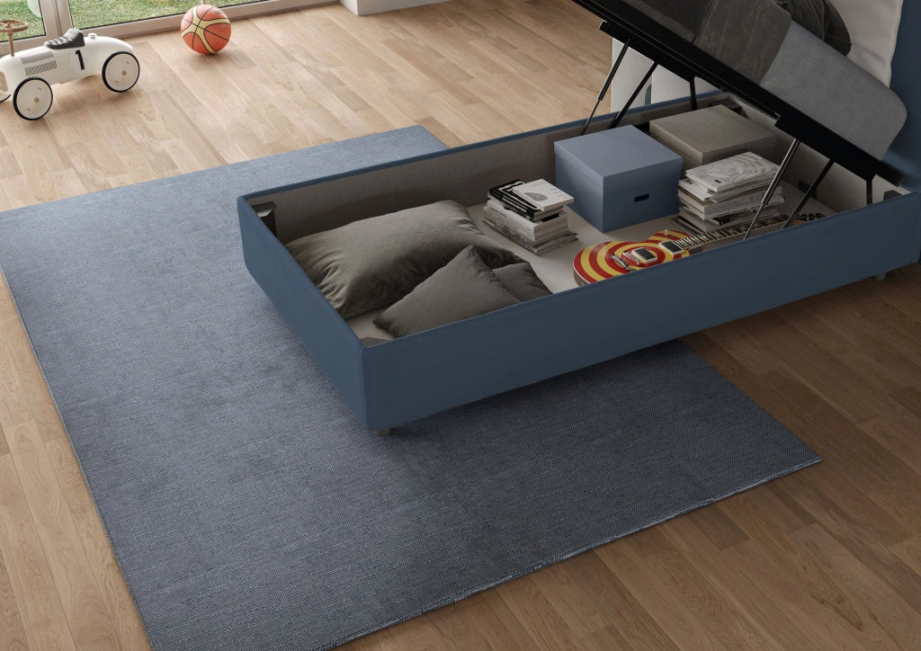 BS COM Letto singolo contenitore imbottito 80x200 microfibra blu
