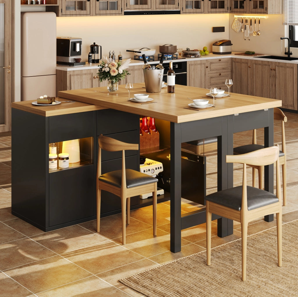 Mobile isola cucina girevole 360° con LED RGB via app, 120-197 cm, 4 cassetti e ante in vetro, nero