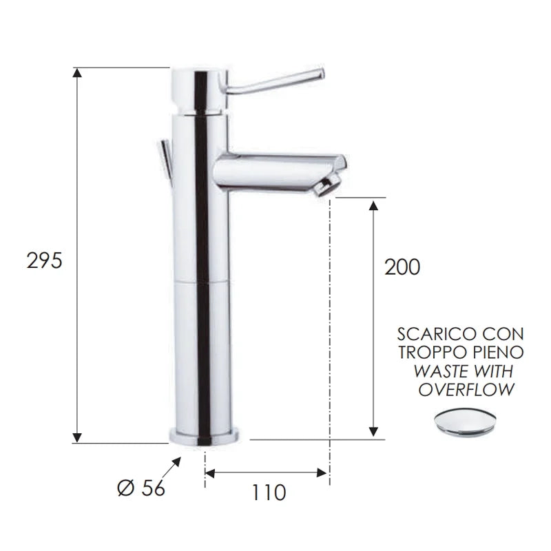 Miscelatore minimal alto per lavabo con o senza scarico rubinetteria remer