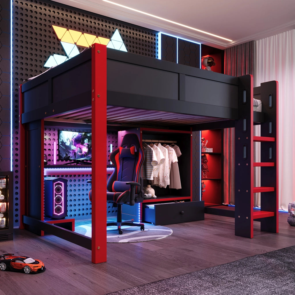 Letto a soppalco Gaming con scrivania - Zephmum- 140x200 cm, LED, armadio, cassetti, nero + rosso