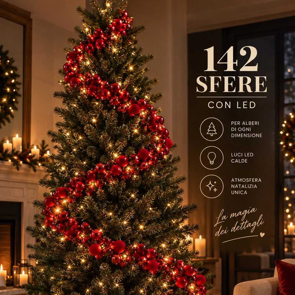 Ghirlanda Natalizia Festone 180cm 142 Sfere e Led Addobbo Lucido e Velluto Rosso