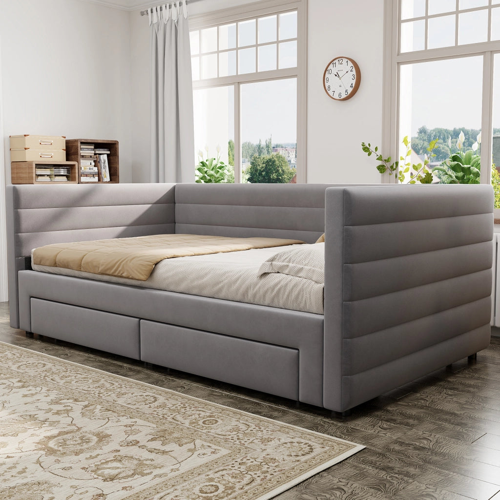 Divano letto 3 in 1 imbottito estraibile 90x190 cm in cotone e lino grigio; con cassetti