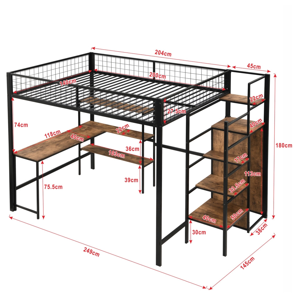 Letto a soppalco 140x200 cm in metallo e MDF con scrivania, armadio e scaffali nero/marrone