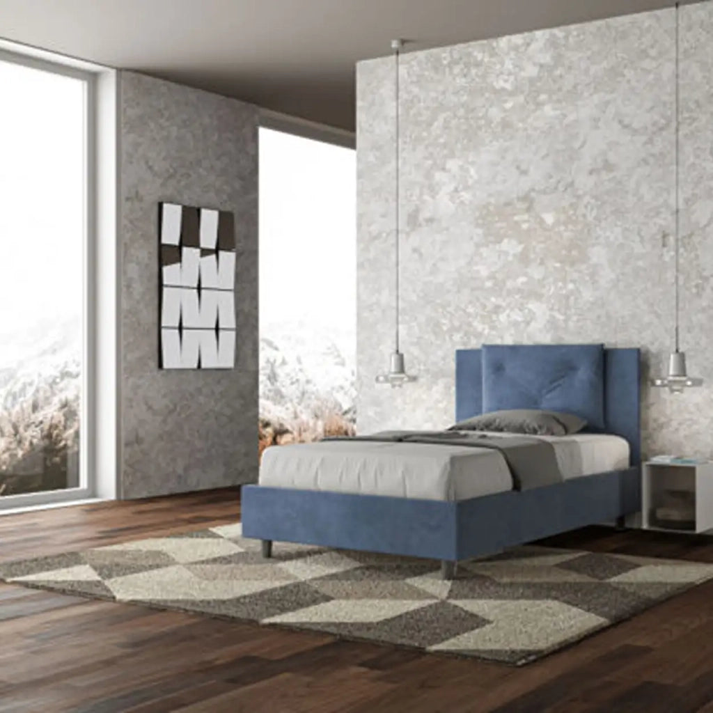 Letto una piazza e mezza con rete imbottito 120x190 microfibra blu Appia