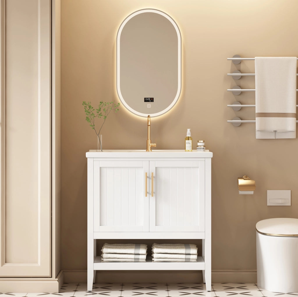 Mobile bagno con lavabo in ceramica da 80 cm colore bianco con base e maniglie moderne