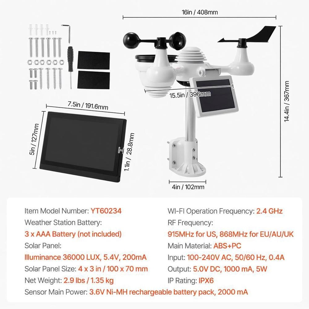 Professional 7-in-1 WiFi Weather Station, Solar-powered Weather Center, 190.5 Mm (7.5-inch) Display, 150 M Transmission Range, Outdoor Sensor For Wind Speed, Wind Direction, Temperature, Humidity, And Precipitation