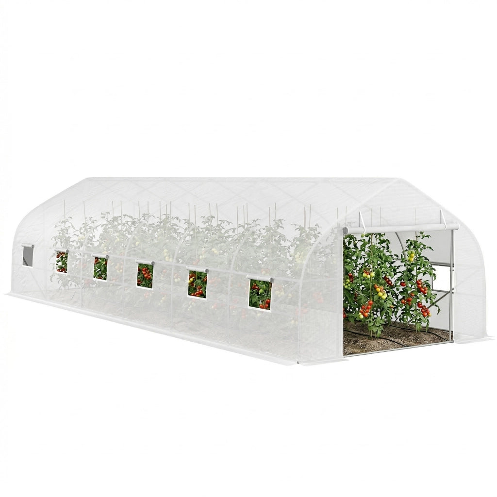 Serre de jardin tunnel grande taille avec bâche PE cadre en acier porte enroulable et 12 fenêtres 8 x 3 x 2 m blanc