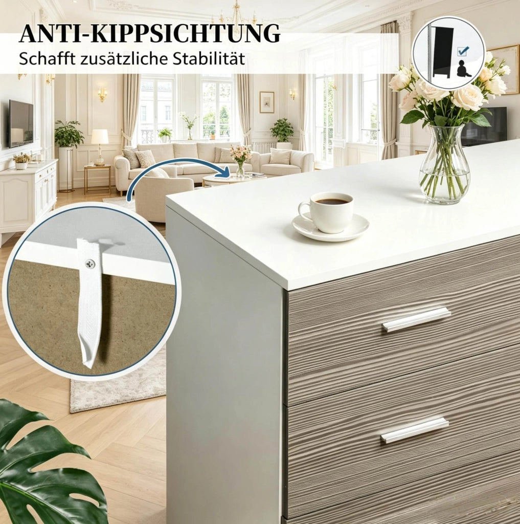 Cassettiera in truciolare bianco e grigio con 4 cassetti