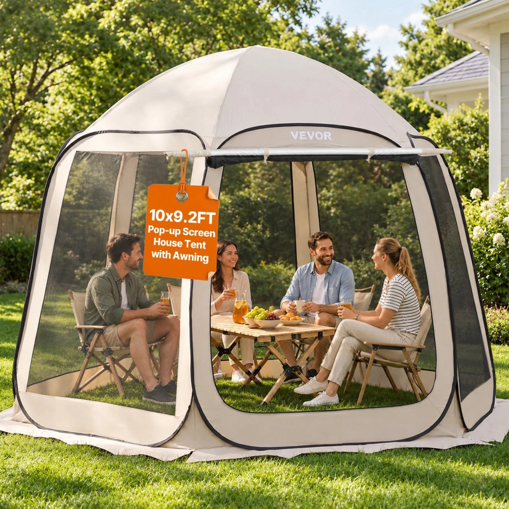 Tenda da campeggio trasparente 3030 x 2650 x 2300 mm beige per 4-8 persone con tendalino, lati in rete, borsa, robusta per giardino e patio