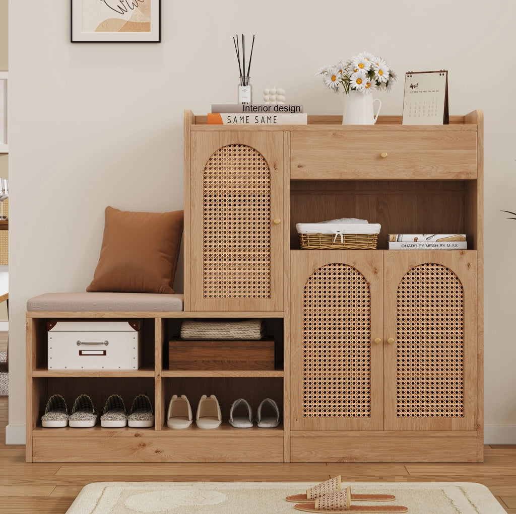 Scarpiera con panca imbottita 142x35x110 cm, 3 ante in rattan PE e cassetto, naturale HAVRYA