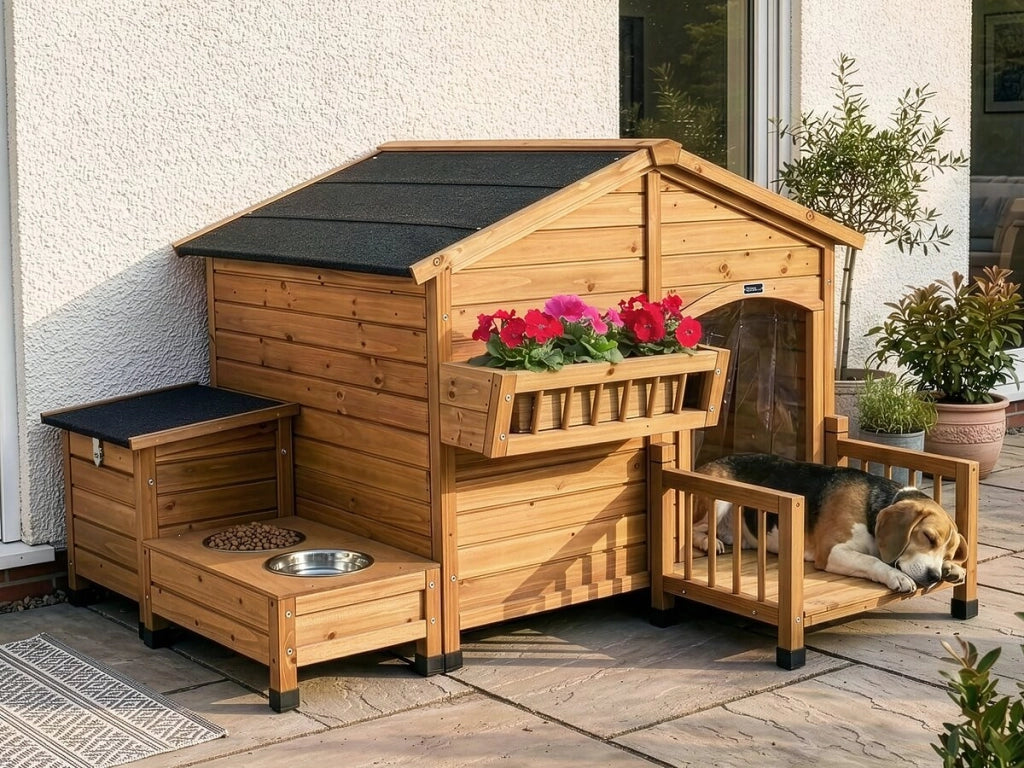 Cuccia per cani in legno con mangiatoia e contenitore "Rusty" - 151 x 138 x 100 cm - Marrone