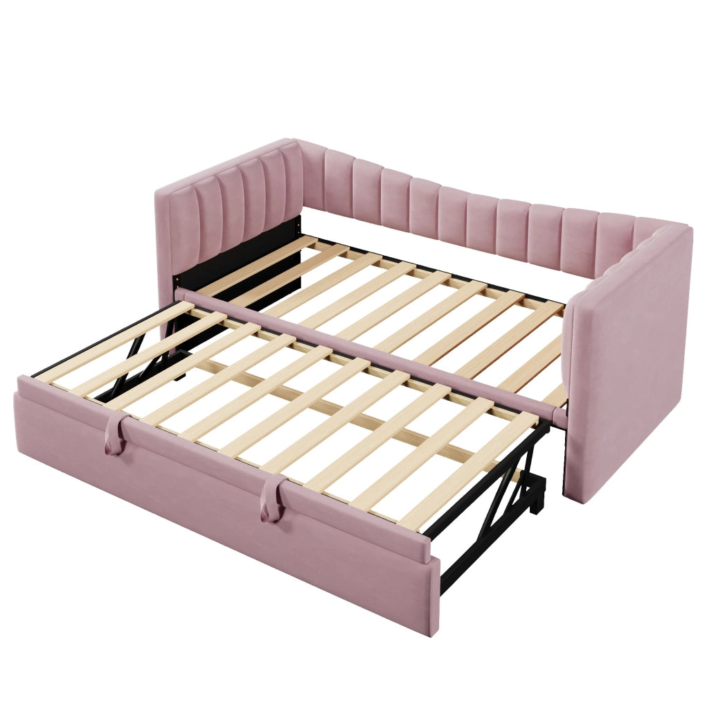 Letto daybed imbottito 90x200 cm con letto estraibile, in velluto rosa