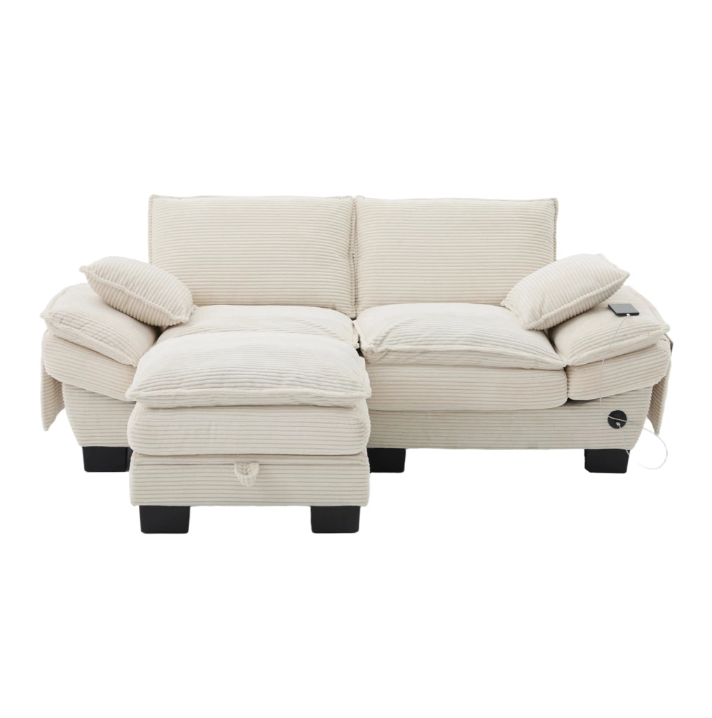 Divano 2 posti con pouf contenitore e USB-C; velluto a coste beige; 190x132x84 cm