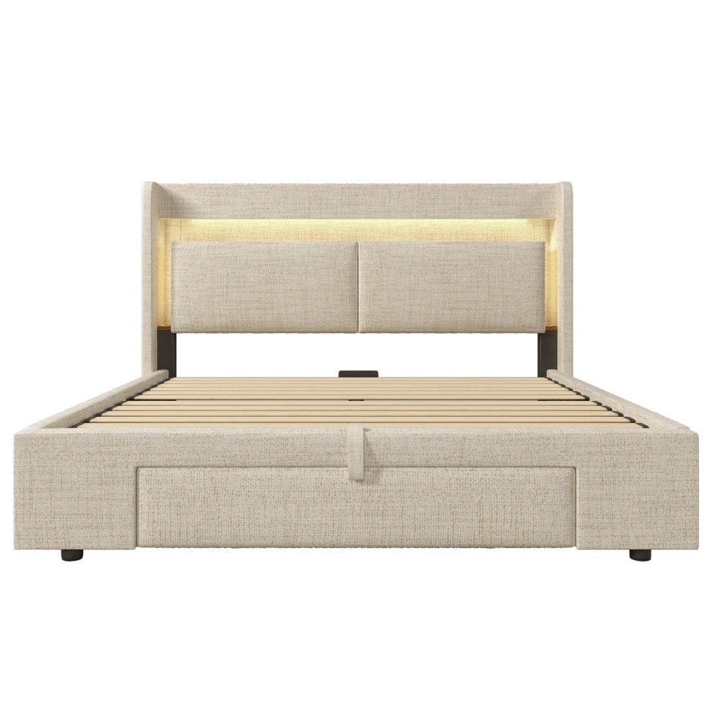 Letto contenitore 160x200 cm beige con materasso e LED