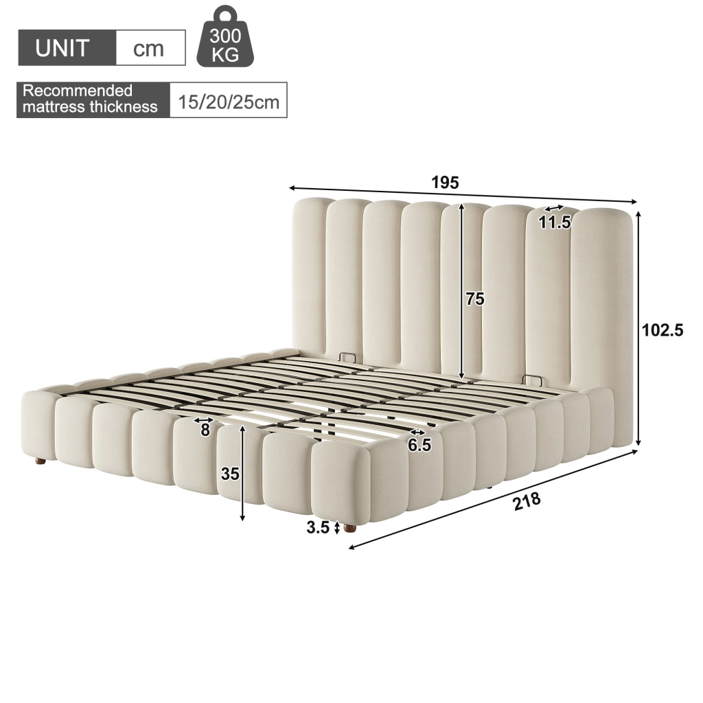 Letto matrimoniale contenitore 180 x 200 cm, letto imbottito idraulico in velluto con rete a doghe, contenitore, testiera beige a righe verticali