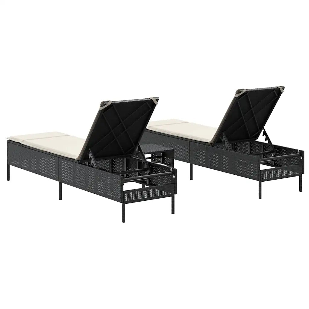 Set Lettini Prendisole con Cuscini 3pz Nero in Polyrattan 3284263