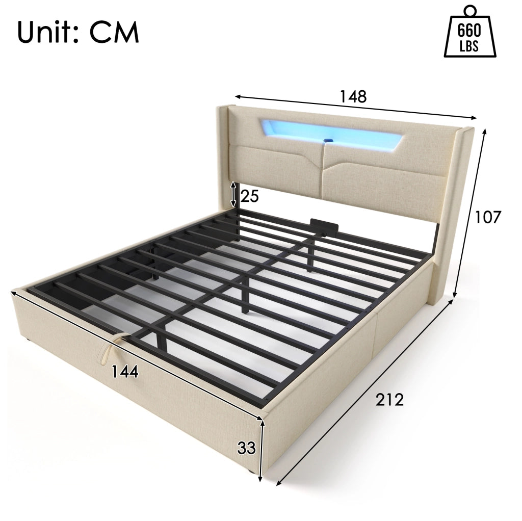 Letto matrimoniale imbottito con LED, USB e spazio contenitivo